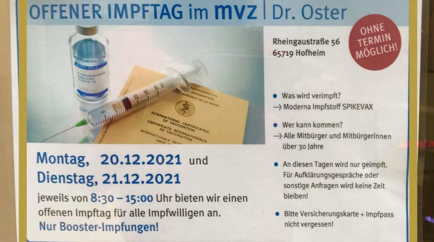 OFFENER IMPFTAG IM MVZ IN HOFHEIM. BEI DR. OSTER.
